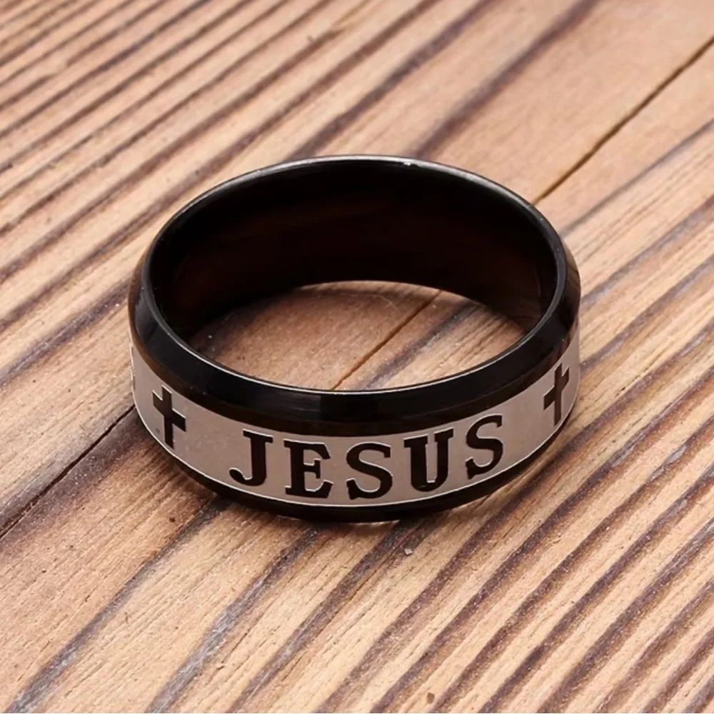 Black Stainless and Silver Color Jesus Cross Ring Size 10